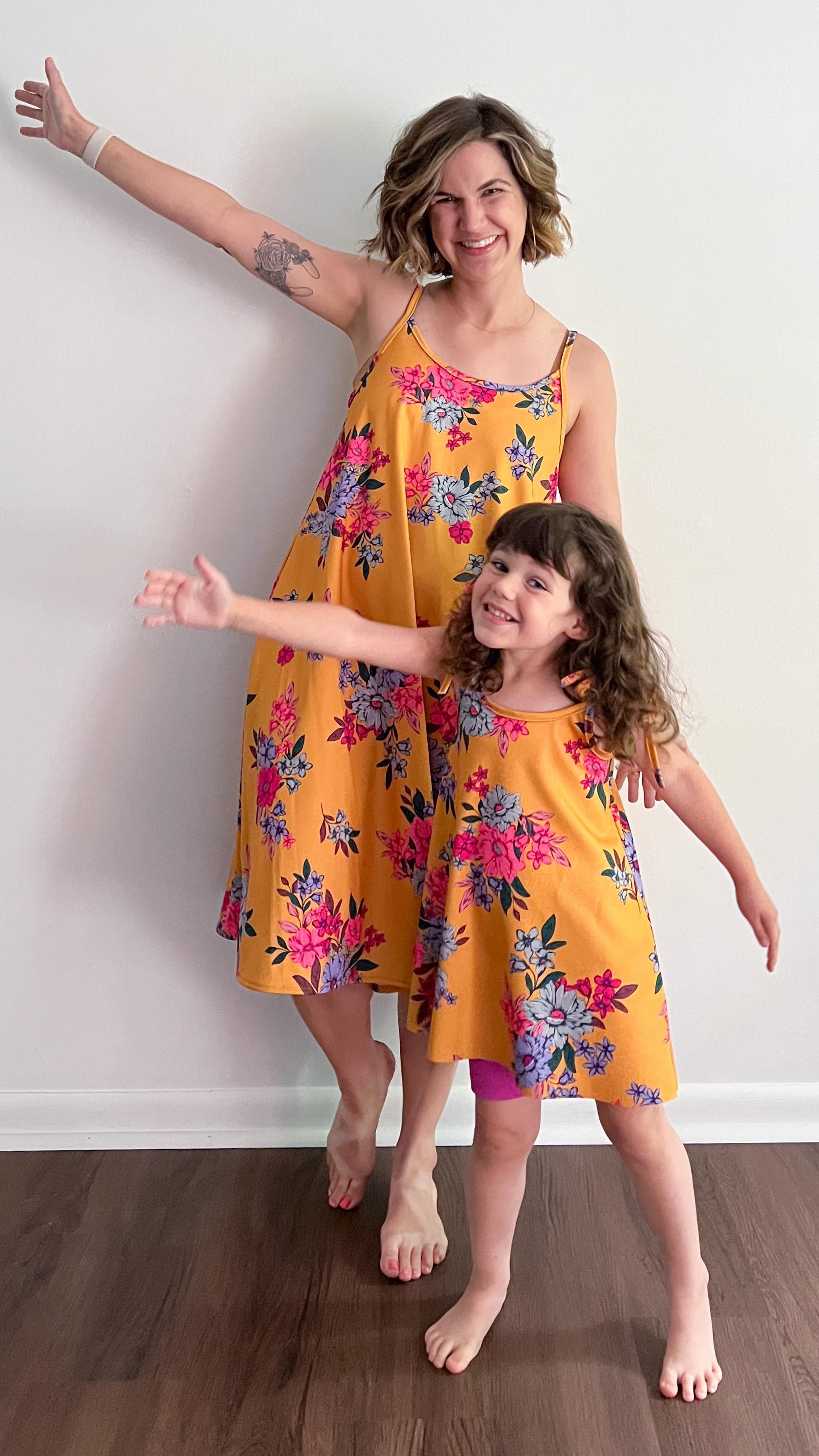 I made the new (and free!) @helens__closet #OrchardDress for myself and my mini! #sarahheartssews 
.
Fabric: knit almost non stretch swim-ish fabric from @topstitchatl 
Pattern: #orcharddress (up to a 60” chest)
Sewn on my @babylocksewing Soprano
.
For June’s version, I printed the size 0 at 70% scale and then cut about 4” off the length of view B. She’s a size 4/5 in ready to wear clothes. Mine is a size size 10 graded to a 12, shortened 3” and then 2” were taken off the straps (I’m 5’3”).
.
#isewmyownclothes #babylockambassador #babylocksewing