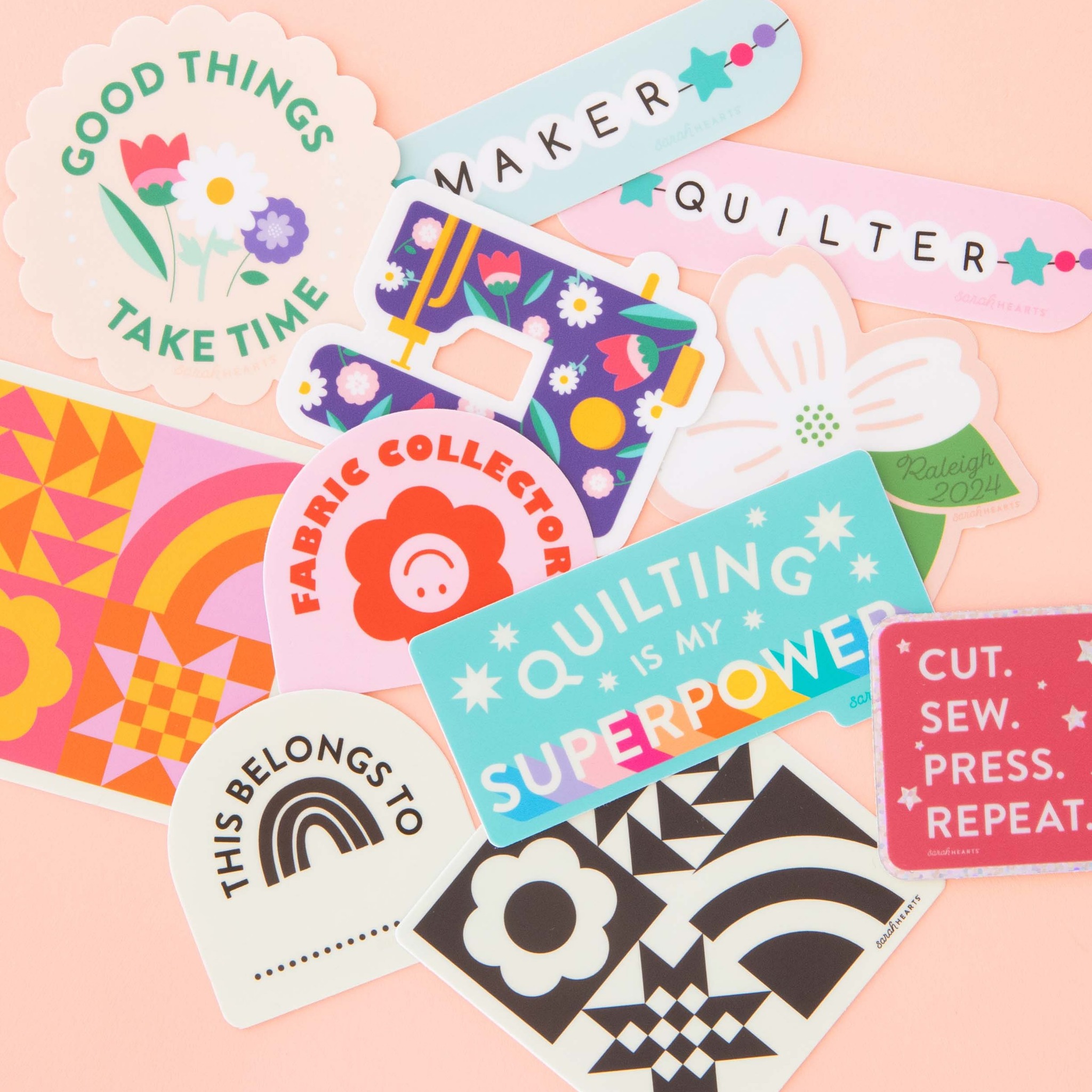 STICKERS!!! Now in the shop! Stick them on your water bottle, tablet, sewing machine or anywhere you want. They are waterproof and oh-so-cute, but you know, I’m a little biased. #sarahhearts 
.
#sewinglove #stickershop #quiltersofinstagram #isewmyownclothes