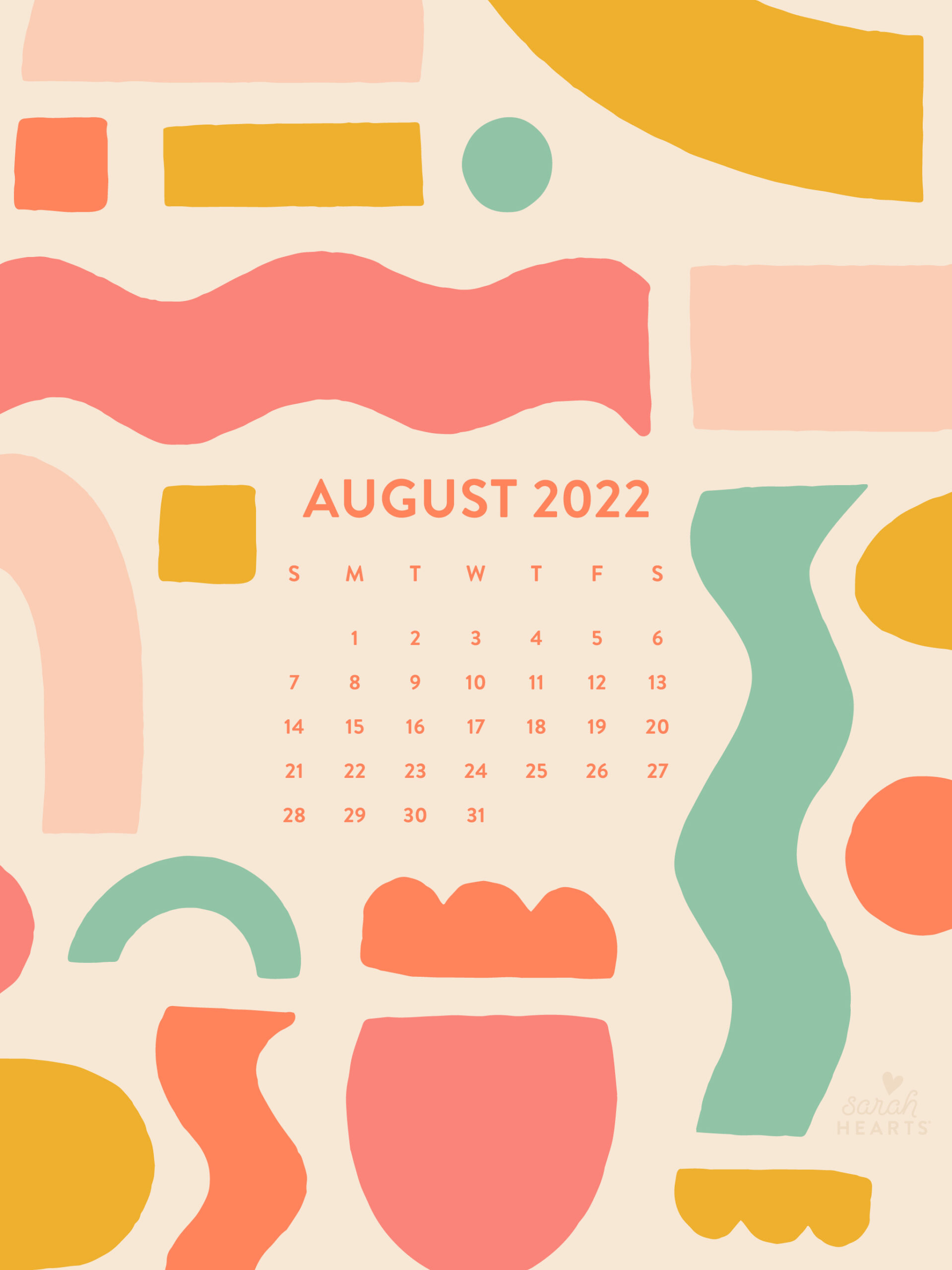 August 2022 Colorful Shapes Calendar Wallpaper - Sarah Hearts